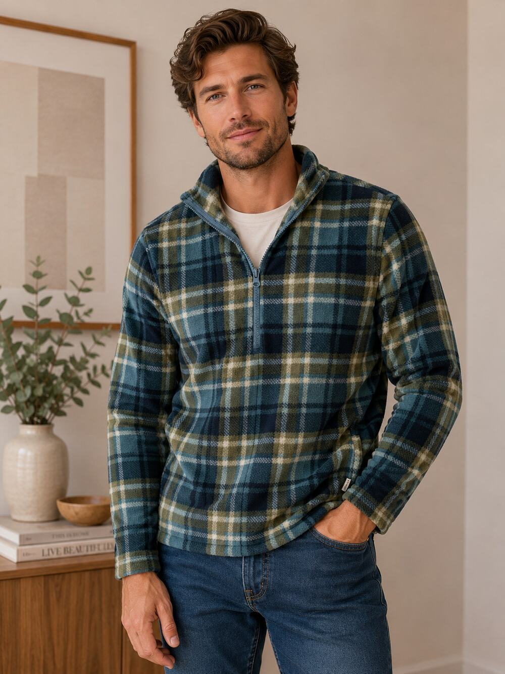 O'Neill Blue Plaid Quarter Zip Hoodie w/ Front Pockets, Men's L